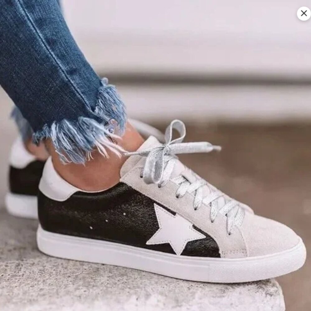 NATURE BREEZE Star Sneaker Silver Laces Black Cream Shoe